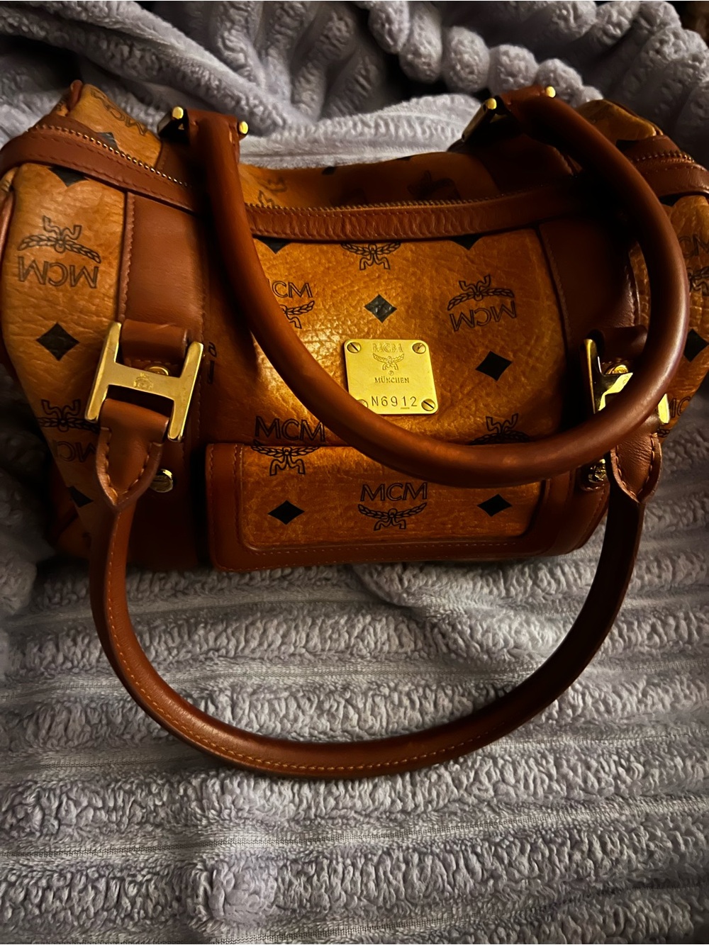 MCM Cognac Brown Visetos Barrel Satchel with Gold Hardware